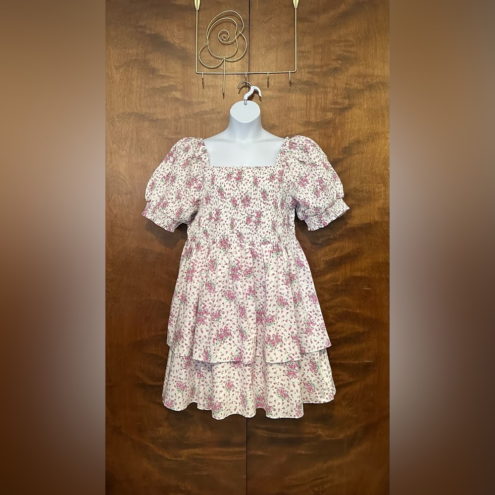 English Factory Tiered Smocked Mini Dress Womens Plus 2X Purple & White Floral